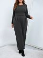 SHEIN Essnce Women'S Plus Size Round Neck Long Sleeve T-Shirt And Wide Leg Pants Two Piece Set