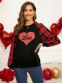 EMERY ROSE Valentine's Day Heart & Checkered Print Raglan Sleeves Casual Sweatshirt