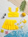 Young Girl Two-Piece Swimsuit Set With Lemon Print & Ruffle Bikini Top, Matching Skirt Cover Up For Beach Vacation, Spring/Summer