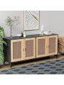 Sideboard Buffet Cabinet with Storage, Console Table Rattan Cabinet with Handmade Natural Rattan Doors and Adjustable Shelf, Accent Storage Credenzas for Living Room, Hallway,multifunctional use,black and wood