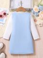 SHEIN Kids QTFun Girls' Blue Heart Print Cute Style Dress With Small Bag