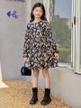 SHEIN Tween Girl Woven Printed Loose Fit Casual Holiday Dress With Round Neckline