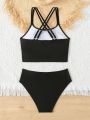 Junior Girls' Solid Color Halter Neck Bikini, Sleeveless Crop Top Design