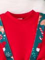 Young Girl Christmas Print Bow Front Suspender Skirt & Ruffle Trim Tee