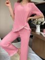 Ladies' Round Neck Sleepwear Set With Texture And Lace Patchwork