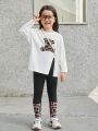 SHEIN Kids KDOMO Toddler Girls' Loose Fit Casual Round Neck Pullover T-shirt And Long Pants Set With Little Bear Pattern