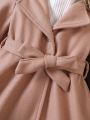 Young Girl Fuzzy Trim Hooded Belted Overcoat Without Sweater