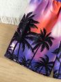 Teenage Boys' Coconut Tree Pattern Drawstring Swim Shorts