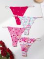 Valentine's Day Heart Print Thong Underwear 4pcs/Pack