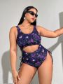 SHEIN Swim Y2GLAM Women's Plus Size Full Spider Pattern Printed Drawstring Hollow Out One Piece Swimsuit