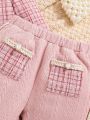 SHEIN Baby Girls' Thick Plaid Coat And Pants Set With Bowknot Accents