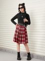 Teen Girl Mock Neck Tee & Plaid Pleated Skirt Without Belt