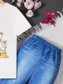 SHEIN Kids Nujoom 2pcs/Set Girls' Cartoon Print T-Shirt And Imitated Denim Print Pants