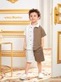 SHEIN Kids Nujoom Young Boy's Texture Contrast Color Short Sleeve Shirt And Shorts Set, Cute And Combinable