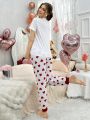 Heart Print Short Sleeve T-Shirt & Pants Home Suit