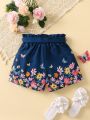 SHEIN Kids SUNSHNE Young Girl Butterfly And Flower Printed Blue Shorts For Summer Vacation