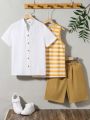 SHEIN Kids EVRYDAY 3pcs Tween Boys' Casual Short Sleeve Shirt With Stand Collar, Striped Vest Top, And Solid Color Shorts Set