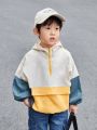 SHEIN Kids KDOMO Boys' Casual Loose Fit Fun Color Block Zipper Up Half Placket Hooded Jacket