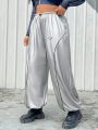 SHEIN Coolane Ladies' Plus Size Silver & Contrast Color Rolled Edge Weave Pants