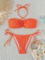 SHEIN Swim Vcay Smocked Halter Bra & Thong Bottom 2 Piece Bathing Suit