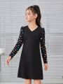 SHEIN Girls' Vintage Simple Street Style V-Neck Long Sleeve Dress With Heart Print