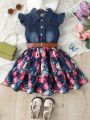 Little Girls' Casual Denim Splicing Flying Sleeve Shirt Dress, With Large Floral Pattern Print And Leather Belt, Suitable For Beach Vacation, Summer