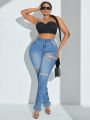 SHEIN SXY Plus Size Ripped Ruched Jeans With Fringed Hem