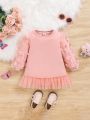 SHEIN Infant Girls' Cute Patchwork 3d Flower Mesh Long Sleeve Dress