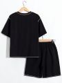 SHEIN Teen Boy Casual Comfortable Color-Block Tee With Letters Patch Detail And Shorts Set