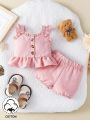 SHEIN Baby Girl Pink Woven Short Flutter Sleeve Cute Elegant Romantic Daily Casual Outfit, Spring/Summer