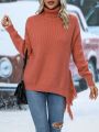 Turtleneck Fringe Trim Drop Shoulder Sweater