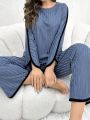 Color-Blocking Stitched Ribbed Knit Pajama Set