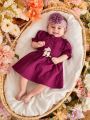 Baby Girl Summer Short Sleeve Purple Ruffle Trim Decor Shirt Dress