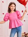 SHEIN Kids FANZEY Big Girls' Square Neck Puff Sleeve Top With Ruffle Hem Detail