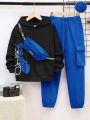 SHEIN Kids QTFun Tween Boy Cartoon Graphic Hoodie & Flap Pocket Sweatpants & Bag