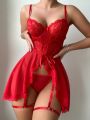 Women's Sexy Lingerie Dress 4pcs/Set (Underwire Skirt, Thong, Stockings Garterbelt X2)