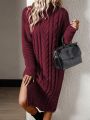 SHEIN LUNE Cable Knit Drop Shoulder Split Hem Sweater Dress