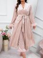 Plus Fuzzy Trim Velvet Robe & Cami Top & Pants PJ Set