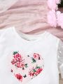 SHEIN Kids QTFun Little Girls' Floral & Heart Pattern Mesh Panel T-Shirt And Skirt Set