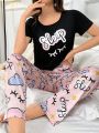 Letter Eyelashes Print T-Shirt&Cartoon Print Pants Pajama Set