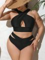 SHEIN Swim Classy Plus Size Women's Solid Color Hollow Out Swim Briefs