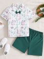 SHEIN Kids FANZEY Young Boy Bunny & Plant Printed Shirt With Solid Color Shorts Gentleman Outfit Set