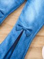 Tween Girl Round Neck Long Sleeve Top And Denim Effect Flare Pants Suit