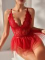 Women'S Lace Back Strapless Jumpsuit With Sheer Skirt Sexy Lingerie Set