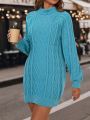 Turtleneck Raglan Sleeve Cable Knit Sweater Dress Without Belt