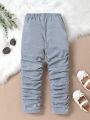 SHEIN Kids Cooltwn Little Girls' Elastic Waistband Pants With Pleated Detail