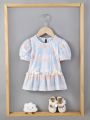 Infant Girls' Puff Short Sleeve Dress With Cute Round Neck, College Style, Spring/Summer