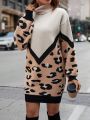 SHEIN LUNE Leopard Pattern Turtleneck Drop Shoulder Sweater Dress