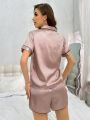 Women'S Color Blocking Hem Short Sleeve Shirt And Shorts Pajama Set