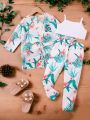 SHEIN Kids CHARMNG Little Girls' Tropical Printed Kimono Top And Wide-Leg Pants And Colorblock Cami Top 3pcs Outfit